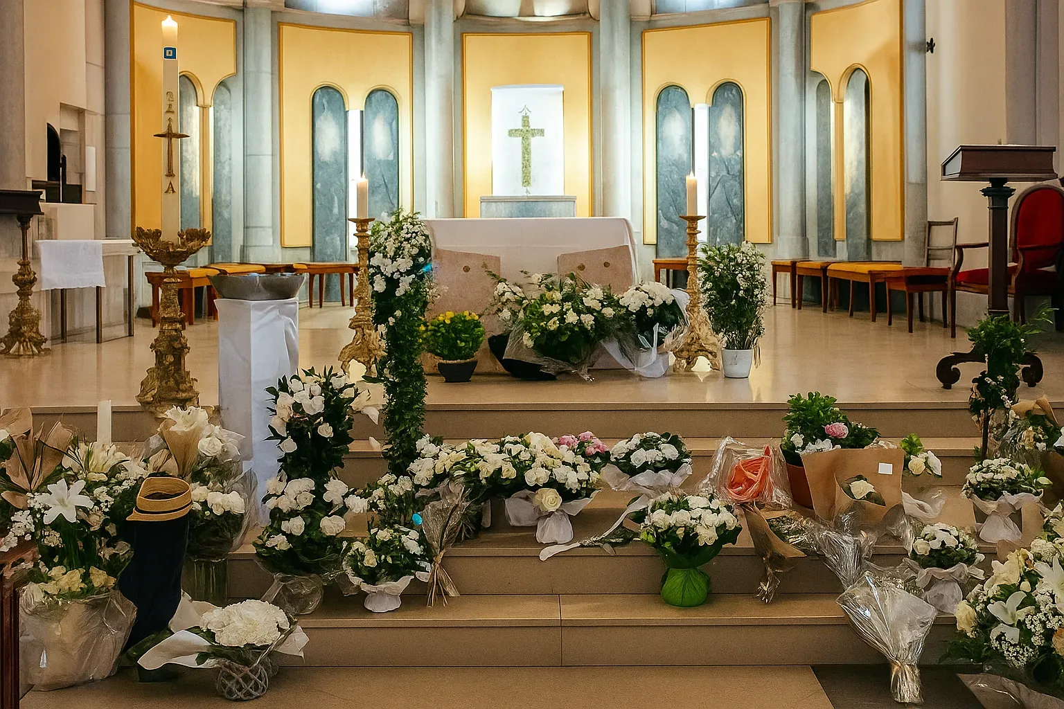 Gros plan sur un autel d'église avec de nombreux bouquets de fleurs blanches.